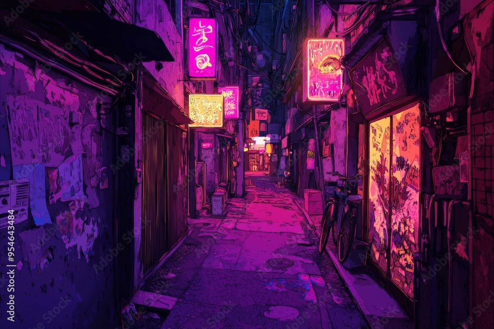An empty urban alleyway illuminated by warm, glowing neon signs. Cozy vibe, Generative AI An empty urban alleyway illuminated by warm, glowing neon signs. Cozy vibe, Generative AI