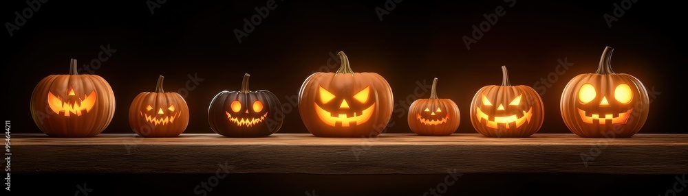 Obraz premium A row of Halloween pumpkins with various faces, glowing warmly in the dark. Perfect for festive autumn-themed designs.