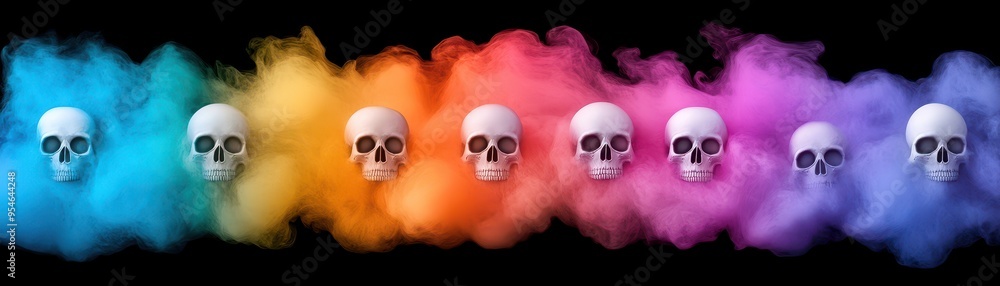 A row of skulls surrounded by a colorful explosion of powder on a black background. A vibrant representation of contrast and color. A row of skulls surrounded by a colorful explosion of powder on a black background. A vibrant representation of contrast and color.