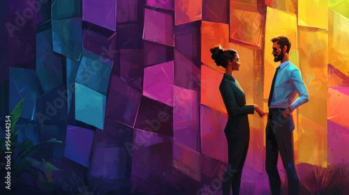 A vibrant, colorful backdrop complements a couple in conversation, showcasing connection and creativity in a modern setting.