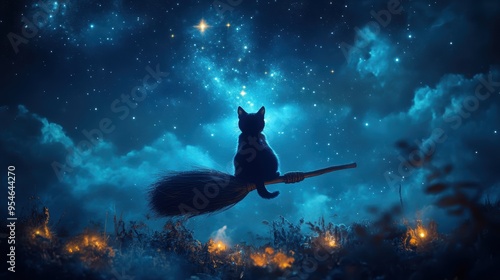 Black Cat Flying on a Broom Under the Starry Night