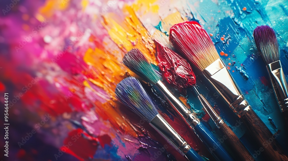 Obraz premium Vibrant Collection of Art Brushes in a Colorful Paint Splattered Jar