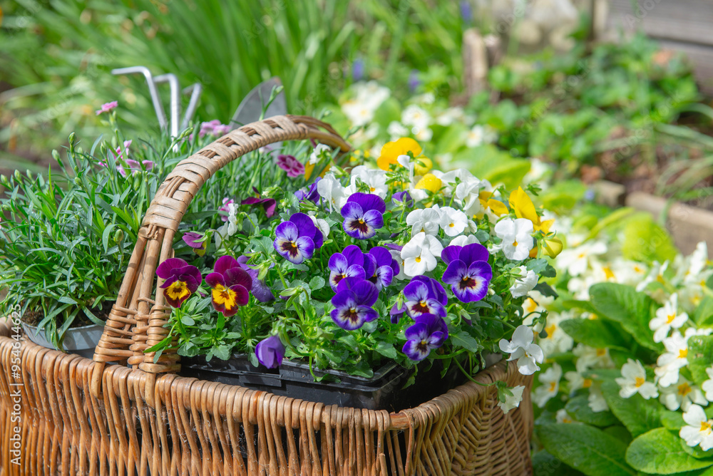 close up on wicker basket filled with pretty flowers in a garden next to primrose in bloom close up on wicker basket filled with pretty flowers in a garden next to primrose in bloom