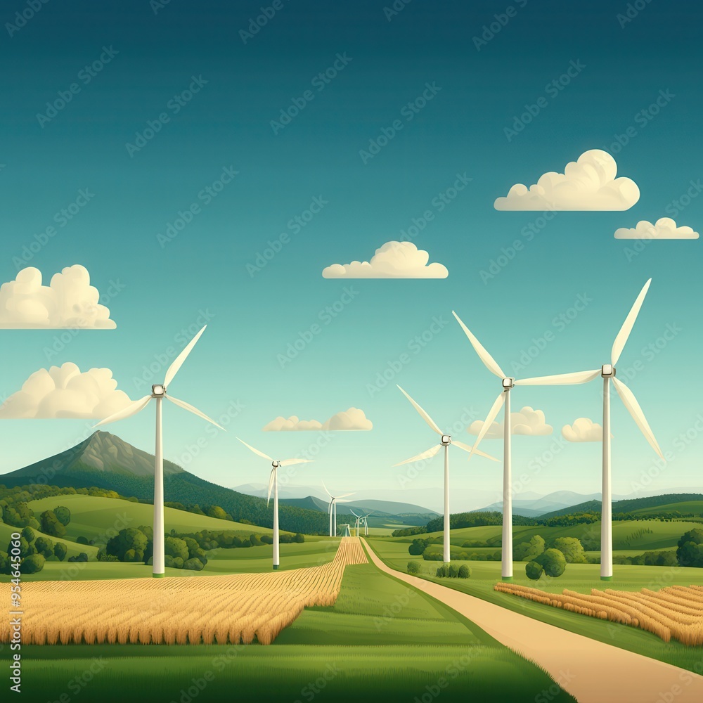 Obraz premium A serene landscape with wind turbines, rolling hills, and a clear sky, illustrating the beauty of sustainable energy.