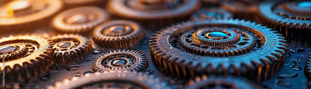 Close-up of intricate gears with an artistic glow, showcasing mechanical design and craftsmanship in a captivating composition. Close-up of intricate gears with an artistic glow, showcasing mechanical design and craftsmanship in a captivating composition.