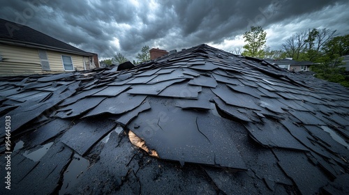 Panoramic view of a storm-damaged roof, focusing on broken shingles, dents, and scattered pieces, with dark clouds looming overhead photo