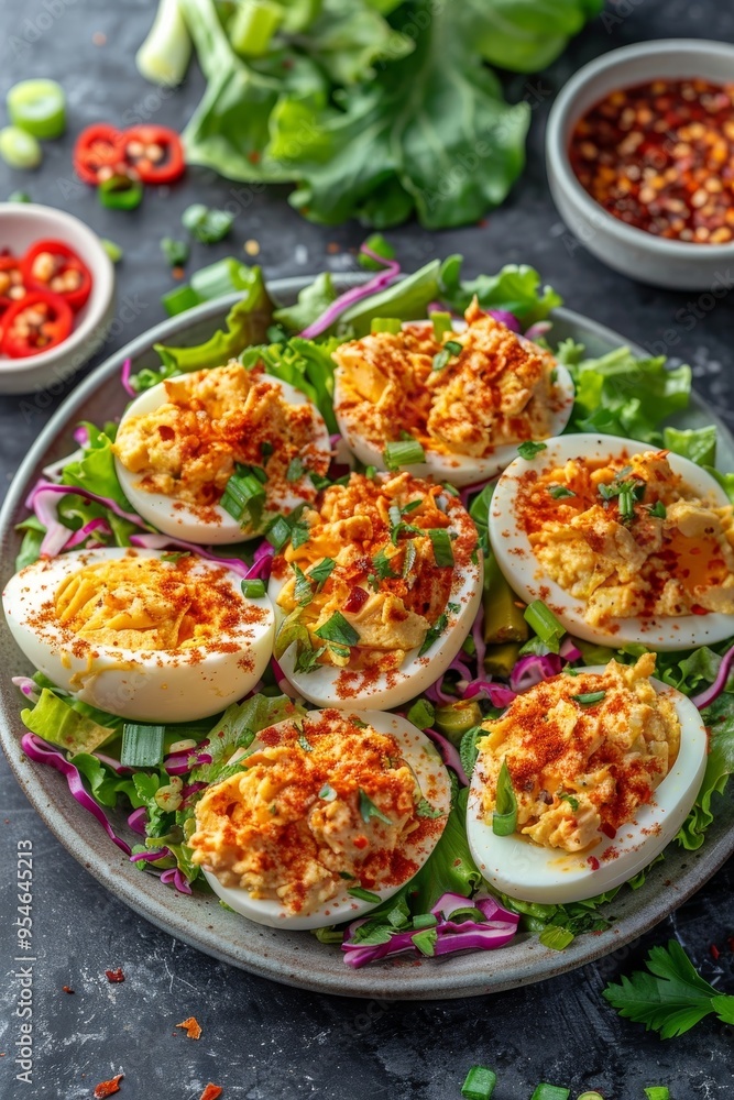 Spicy Deviled Eggs on a Bed of Greens with Paprika and Green Onions, Gourmet Appetizer Spicy Deviled Eggs on a Bed of Greens with Paprika and Green Onions, Gourmet Appetizer