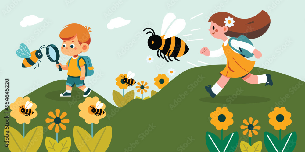 A flat vector illustration of a little kid using a magnifying glass to observe a bee and A girl running behind a bee. A flat vector illustration of a little kid using a magnifying glass to observe a bee and A girl running behind a bee.