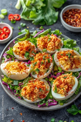 Spicy Deviled Eggs on a Bed of Greens with Paprika and Green Onions, Gourmet Appetizer