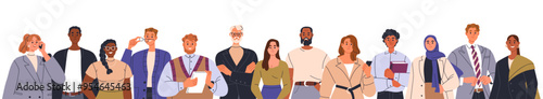 Business people team, banner with diverse office workers and employees border. Multiethnic corporate professional group, happy colleagues. Flat vector illustration isolated on white background.
