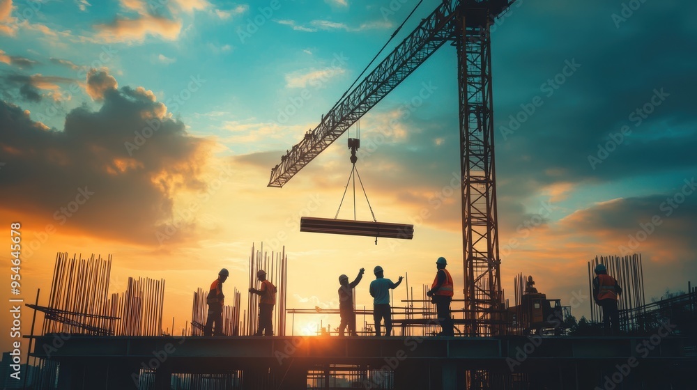 Fototapeta premium Construction Workers Silhouettes at Sunset