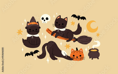 Halloween cats. Black kitten with witch hat, broom and head pumpkin. Witch cauldron, crescent moon and stars, skull vector set of happy cat halloween costume illustration
