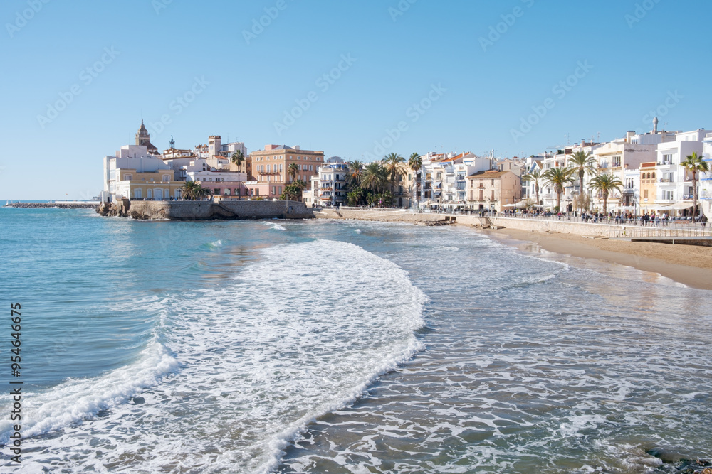 Fototapeta premium Sitges old town from San Sebastian beach 