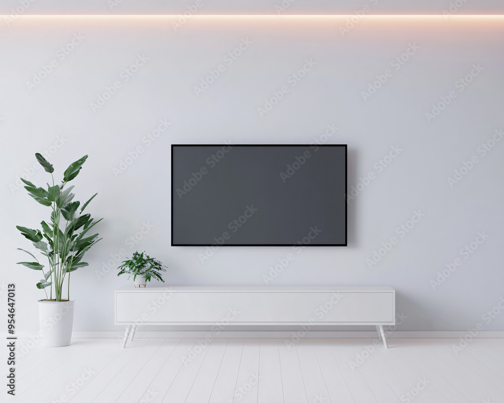 Modern living room featuring a sleek TV mounted on a wall, complemented by minimalist decor and indoor plants for a fresh look. Modern living room featuring a sleek TV mounted on a wall, complemented by minimalist decor and indoor plants for a fresh look.
