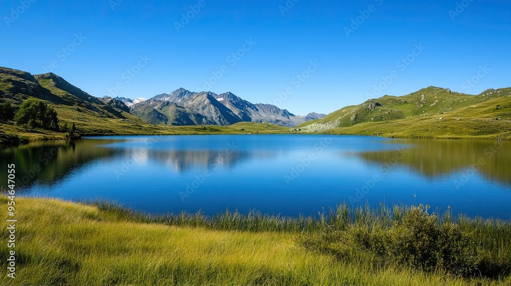 Tranquil Mountain Landscape with Calm Lake: Showcases a serene mountain landscape with a calm lake reflecting the surrounding beauty under a clear blue sky. Tranquil Mountain Landscape with Calm Lake: Showcases a serene mountain landscape with a calm lake reflecting the surrounding beauty under a clear blue sky.