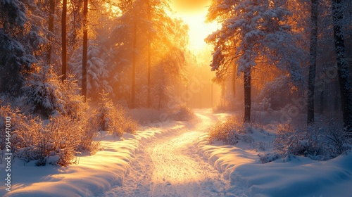 A breathtaking scene of a snowy forest with tall evergreen trees frosted with snow and sparkling with sunlight.