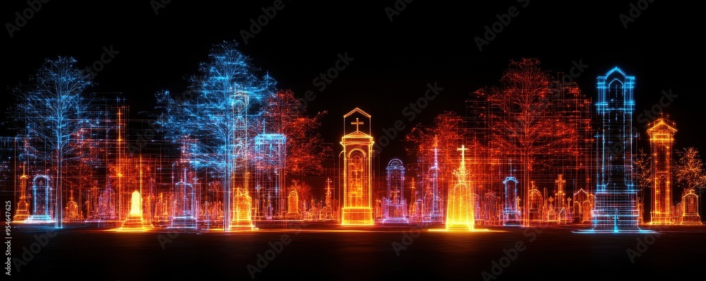A stunning display of illuminated trees and monuments, creating a vibrant scenery that captivates and enchants the viewer. A stunning display of illuminated trees and monuments, creating a vibrant scenery that captivates and enchants the viewer.