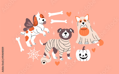 Adorable dogs in Halloween costumes with bones, big spider web and jack o lantern pumpkin. Flat cartoon illustration with cute dogs.