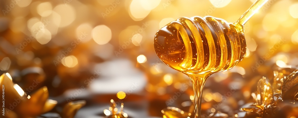 Visualize a closeup of tea leaves with honey drizzled over them, capturing the intricate details and the glossy texture of the honey Visualize a closeup of tea leaves with honey drizzled over them, capturing the intricate details and the glossy texture of the honey