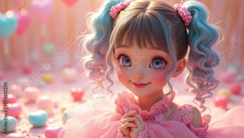 a doll with big blue eyes and a pink dress on a pink background.