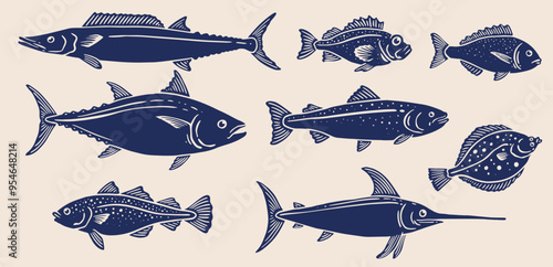 Set of Fishes in Deep Sea Marine, Tuna, Marlin, Sword fish, Cod, Salmon, for Seafood Restaurant Menu Poster in Isolated Vector
