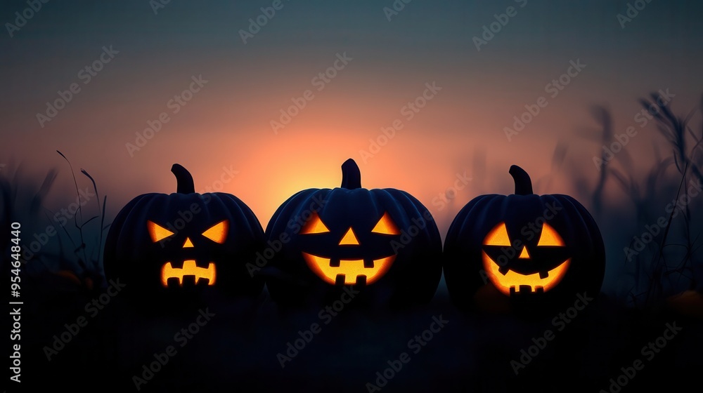 Dark and eerie pumpkin silhouettes at twilight, flat design, front view, ghostly figure theme, water color, Triadic Color Scheme Dark and eerie pumpkin silhouettes at twilight, flat design, front view, ghostly figure theme, water color, Triadic Color Scheme