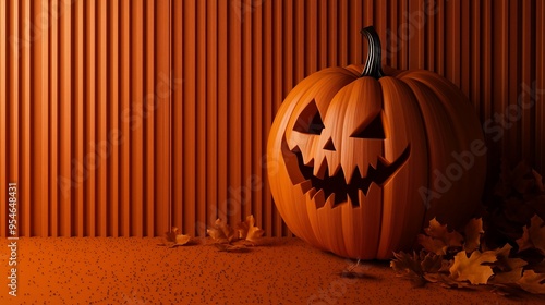 Jack-o'-lantern intagliato con foglie autunnali su sfondo arancione, creando un'atmosfera minimalista e spettrale. photo