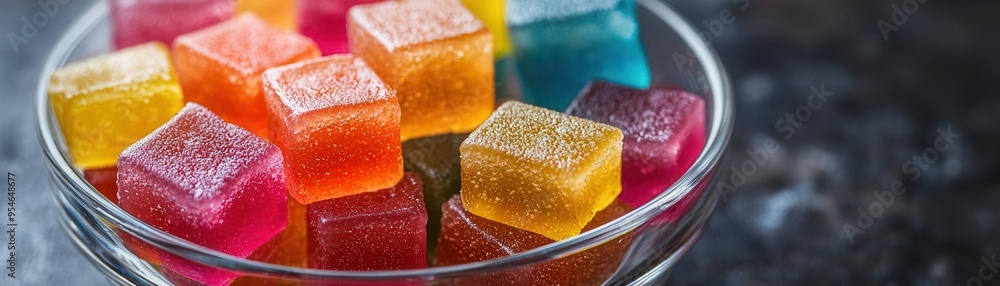 Colorful rainbow jelly cubes in a glass bowl, Jelly dessert, vibrant and fun Colorful rainbow jelly cubes in a glass bowl, Jelly dessert, vibrant and fun