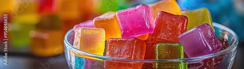 Colorful rainbow jelly cubes in a glass bowl, Jelly dessert, vibrant and fun