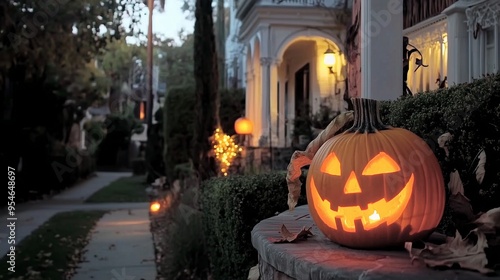 Zucche intagliate, come decoraZIone di Halloween nel giardino di casa o sulla finestra. photo