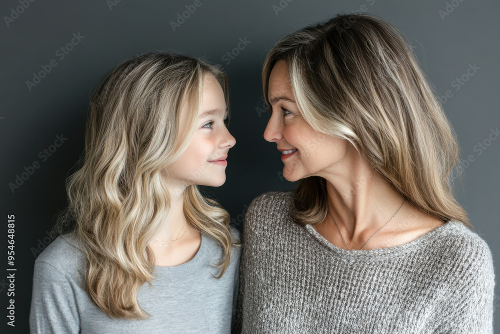 A studio portrait of an European mother and daughter looking at each other and smiling A studio portrait of an European mother and daughter looking at each other and smiling
