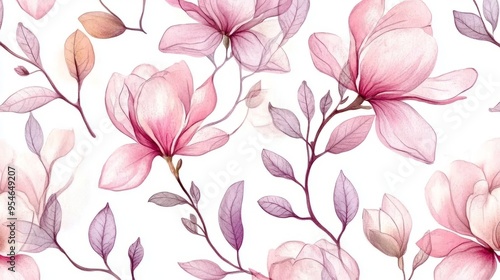 Seamless pattern with watercolor pink magnolia flowers and leaves on a white background.