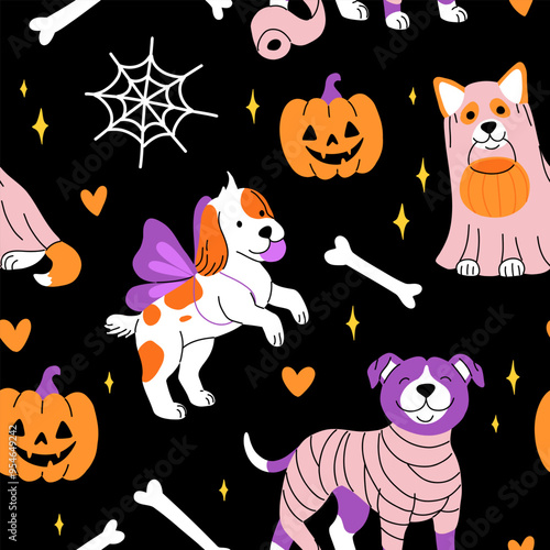 Adorable dogs in Halloween costumes with bones, big spider web and jack o lantern pumpkin. Flat cartoon seamless pattern with cute dogs.