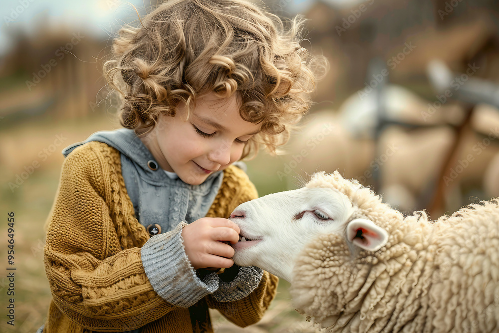 Generative ai picture of cute child playing with animal Generative ai picture of cute child playing with animal