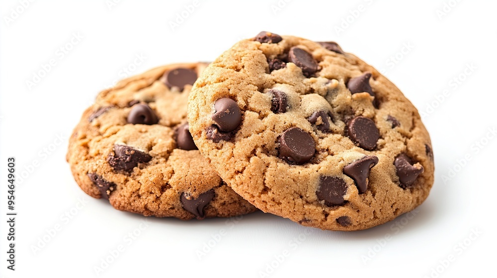 Two Homemade Chocolate Chip Cookies: Showcases two freshly baked chocolate chip cookies on a clean white background, highlighting their deliciousness. Two Homemade Chocolate Chip Cookies: Showcases two freshly baked chocolate chip cookies on a clean white background, highlighting their deliciousness.