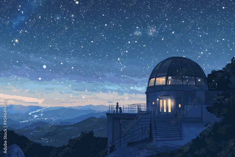 A hilltop view with a sky full of stars and a cozy, softly lit observatory. Cozy vibe, Generative AI A hilltop view with a sky full of stars and a cozy, softly lit observatory. Cozy vibe, Generative AI