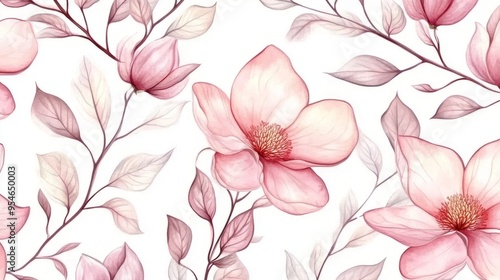 Seamless pattern with watercolor pink magnolia flowers and leaves on a white background.