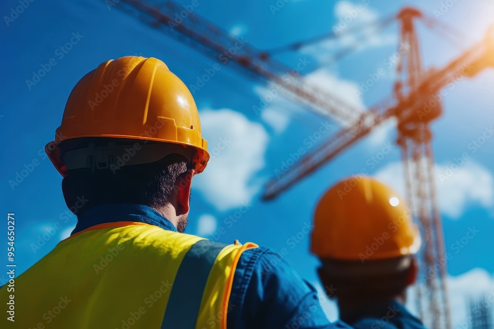 Two construction workers observing a crane against a blue sky, showcasing teamwork and safety in the building industry. Two construction workers observing a crane against a blue sky, showcasing teamwork and safety in the building industry.