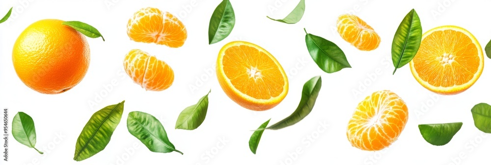 Flying fresh raw whole and sliced oranges with leaves on white background. Falling oranges Flying fresh raw whole and sliced oranges with leaves on white background. Falling oranges