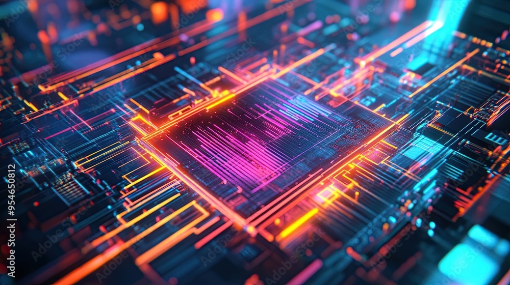 Unfinished CPU Chip Design Merging Holography and Striped Elements, Featuring Advanced Technology and Nanotechnology Concepts in Modern Electronics Unfinished CPU Chip Design Merging Holography and Striped Elements, Featuring Advanced Technology and Nanotechnology Concepts in Modern Electronics