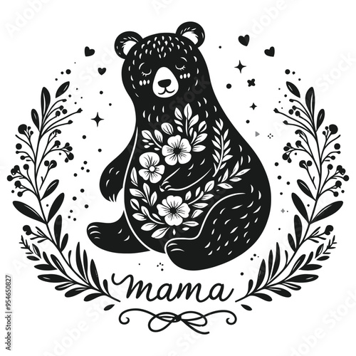Floral bear illustration black and white, mama text, vector artwork, perfect for Mother's Day card