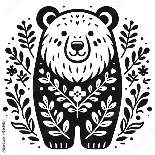 Black and white folk art bear illustration with floral elements, perfect for home decor