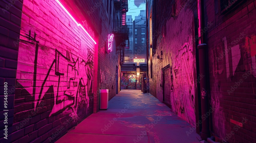 Urban Alleyway with Colorful Graffiti and Glowing Pink Neon Sign: Showcases street art and modern vibes with an urban alleyway featuring vibrant graffiti and a glowing pink neon sign. Urban Alleyway with Colorful Graffiti and Glowing Pink Neon Sign: Showcases street art and modern vibes with an urban alleyway featuring vibrant graffiti and a glowing pink neon sign.