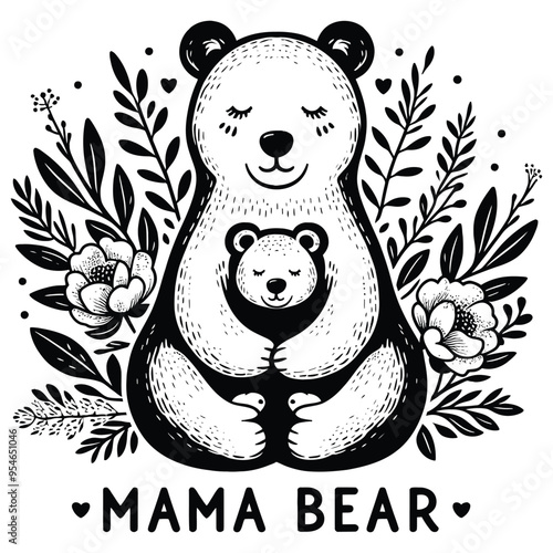 Mama Bear with Baby Bear, black and white, floral background, vector illustration, Mother's Day card