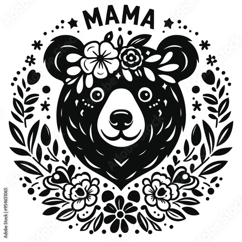 Floral mama bear illustration in black and white, folk art style, perfect for Mother's Day card