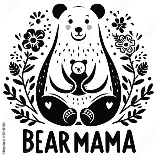 Bear mama with cub cheerful mood in floral black and white background, perfect for Mother's Day card