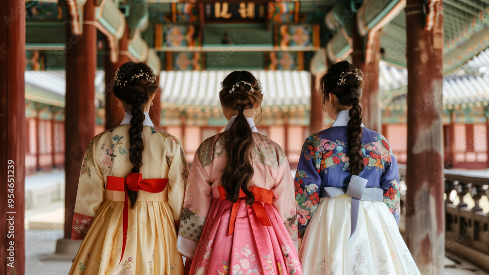 Graceful Tradition: Three Women in Hanbok at a Historic Palace Graceful Tradition: Three Women in Hanbok at a Historic Palace