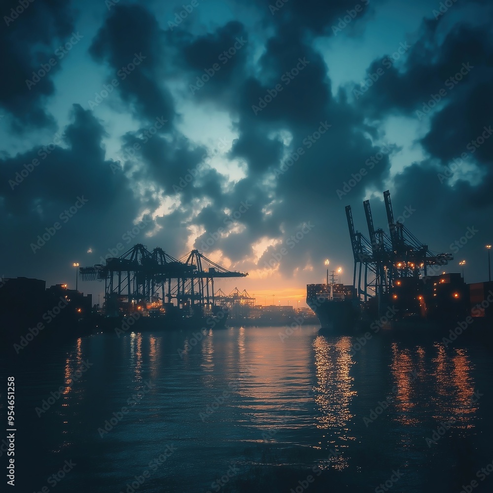 A dark, moody port at dawn with cranes and cargo ships illuminated by streetlights, reflecting on calm waters and a deep blue-grey sky.