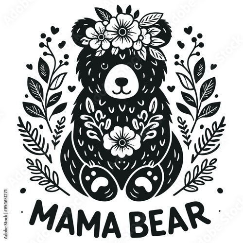 Cute floral black and white bear with Mama Bear text, vector illustration, mother's day card
