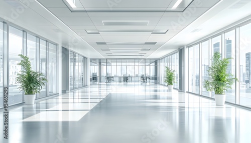 Wallpaper Mural Modern Office Corridor with Floor-to-Ceiling Windows and Plants Torontodigital.ca